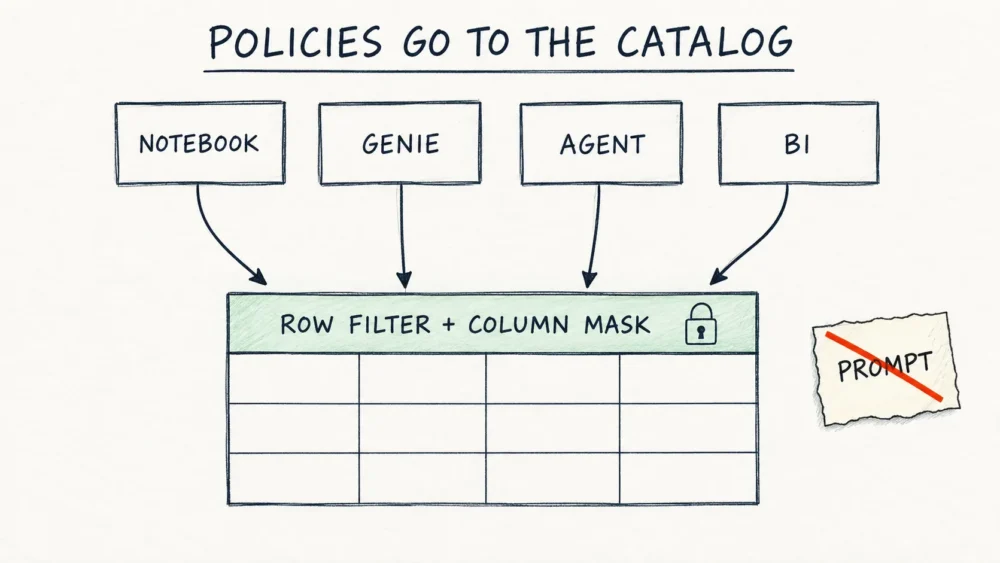 Szkic: notebook, Genie, agent i BI trafiają w row filter i column mask w katalogu