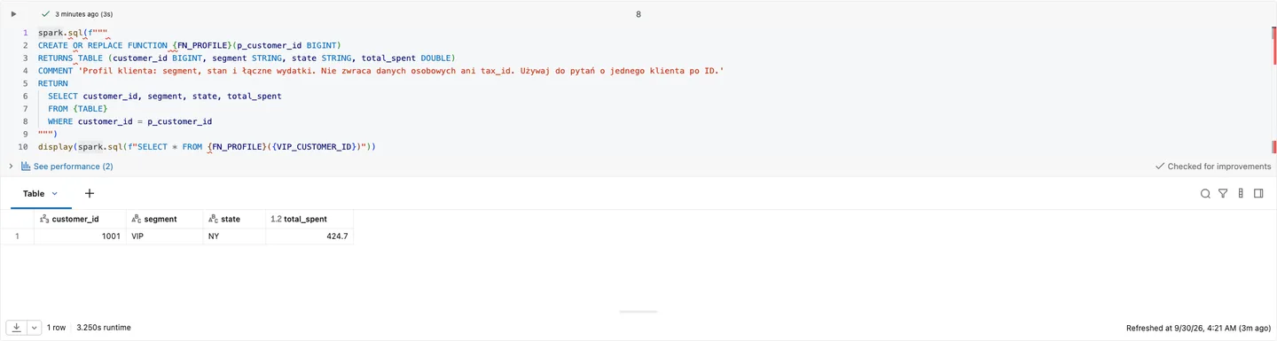 Wynik funkcji get_customer_profile dla klienta 1001: tylko customer_id, segment, state i total_spent, bez kolumny tax_id